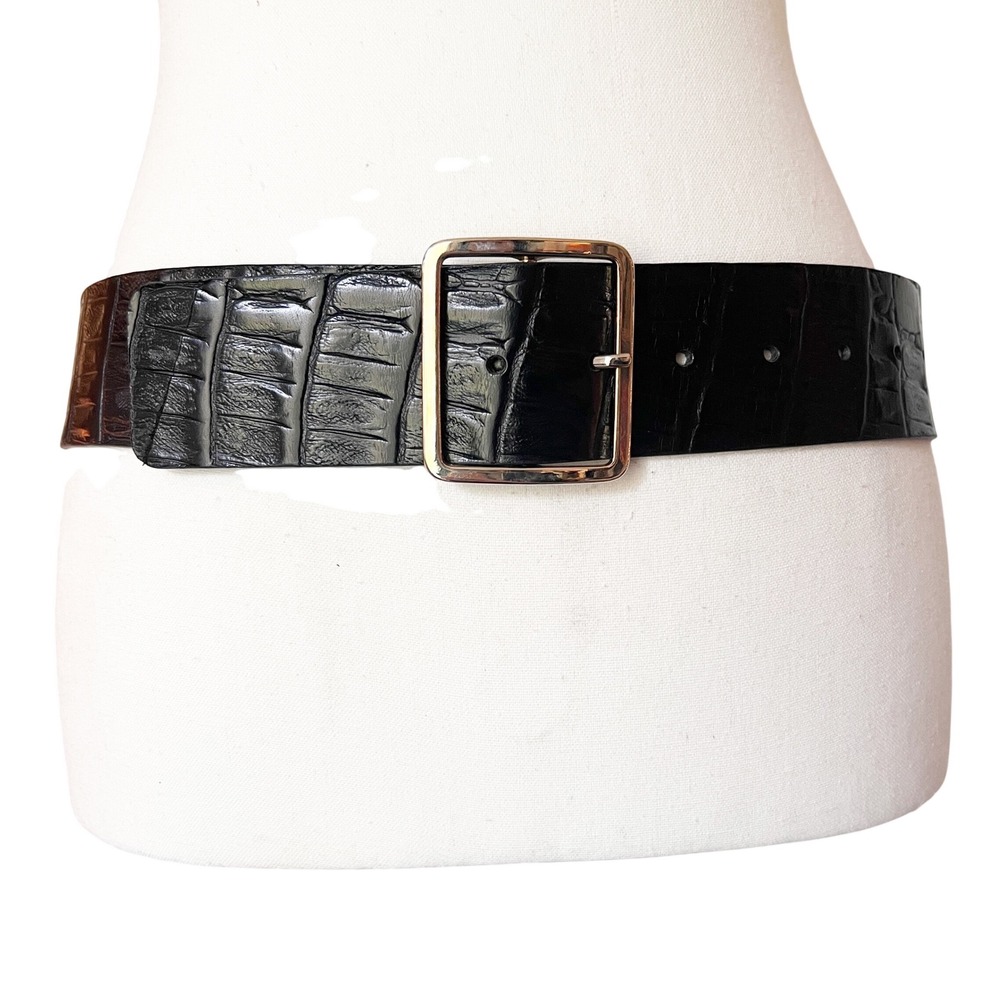 Zara Black Leather Wide‎ Belt Silver Buckle Faux Crocodile Embossed Size Small